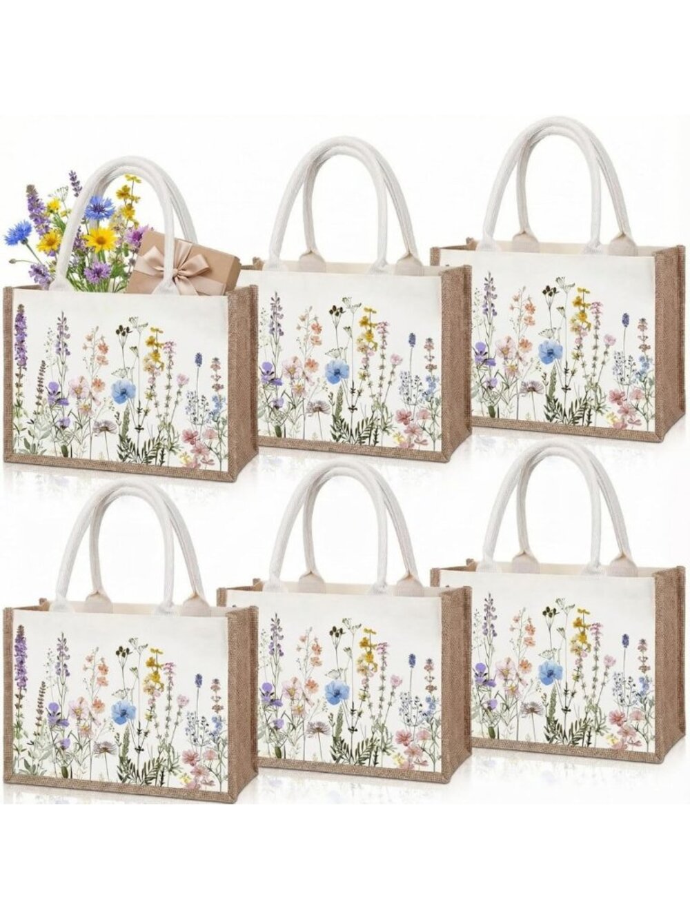 Floral Burlap Tote Gift Bags - 6 Reusable Jute Bags for Weddings & Parties